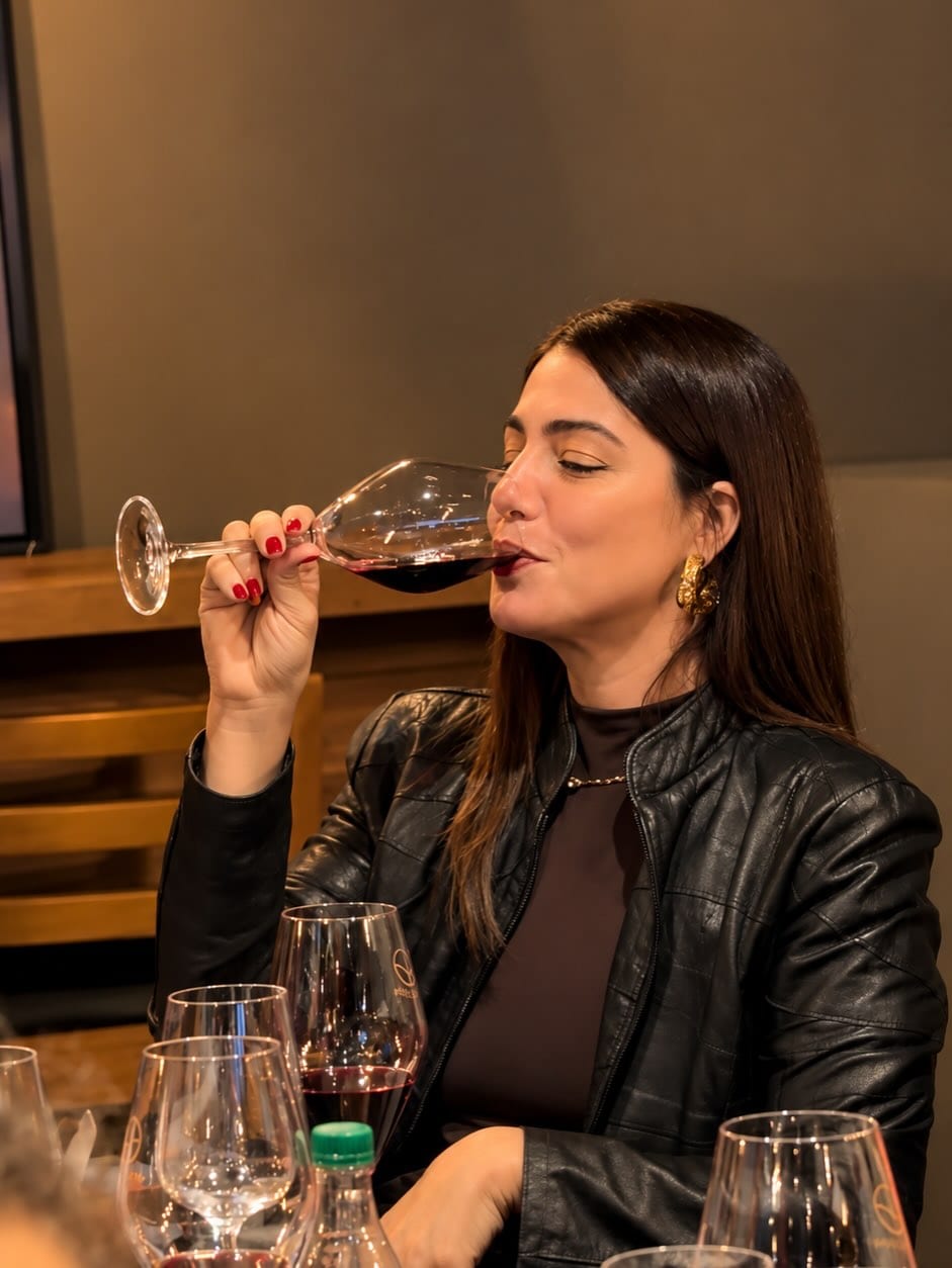 Cliente degustando vinho em um encontro da Wine Flow